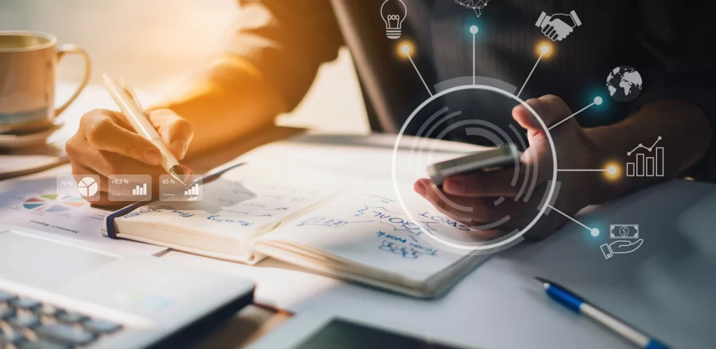 Businessman working on project for SWOT analyzing company financ